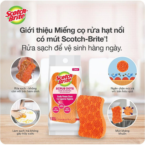 Miếng rửa chén hạt nổi có mút không trầy Scotch-Brite (Cam)